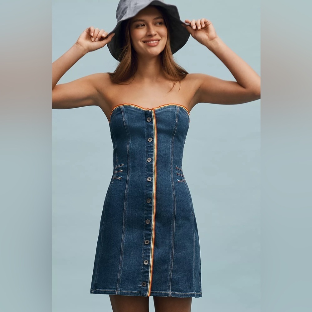 NWT! Anthropologie Pilcro Strapless Button-Front Denim Mini Dress 🚦 🥝